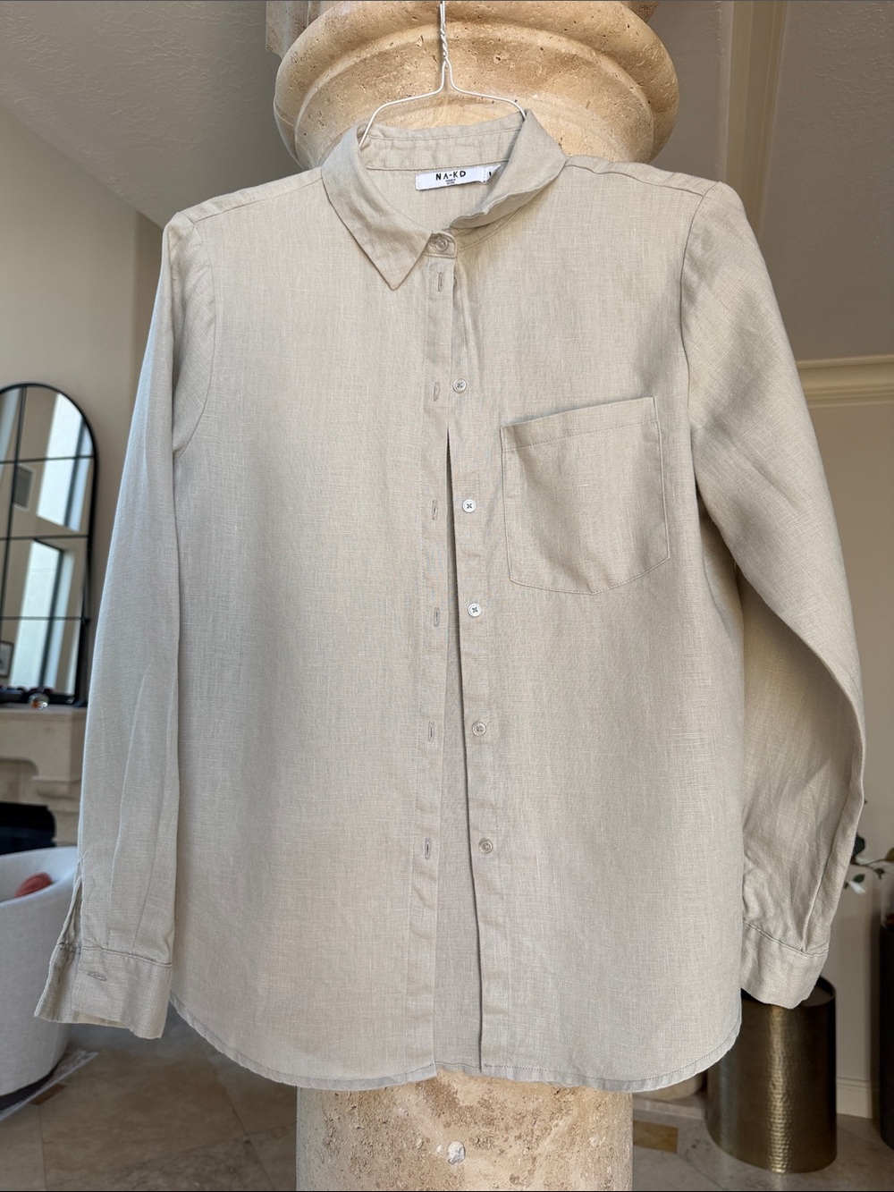 NA-KD Women's Taupe Button-Down Linen Shirt Size EU34